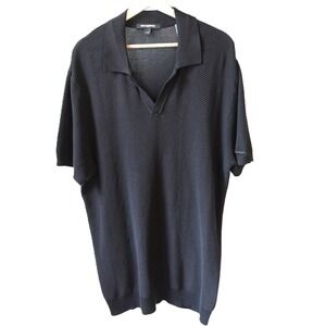Karl Lagerfeld Paris Black Textured Knit Polo Shirt Mens Large Herringbone Logo